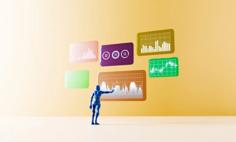 Blue robot figure interacts with floating data charts on a tan background.