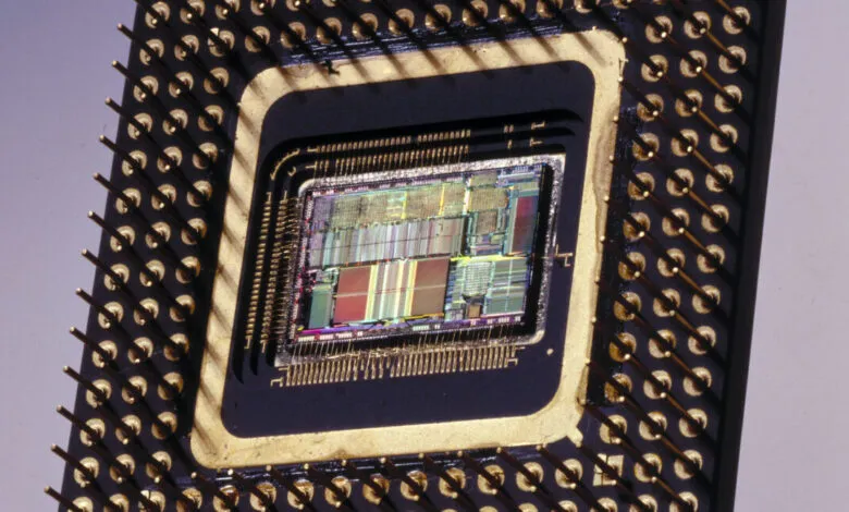 Close-up of an Intel 486 microprocessor showing intricate circuitry.