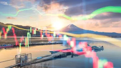 Mount Fuji view with overlaid stock market chart, boats, and dock.