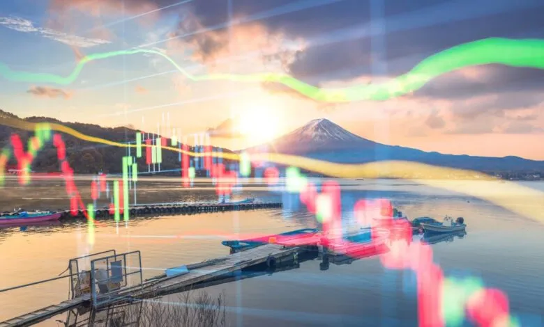 Mount Fuji view with overlaid stock market chart, boats, and dock.