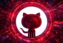 GitHub Octocat logo surrounded by red digital circuitry and binary code.