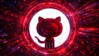 GitHub Octocat logo surrounded by red digital circuitry and binary code.