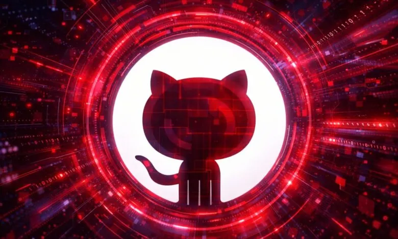 GitHub Octocat logo surrounded by red digital circuitry and binary code.