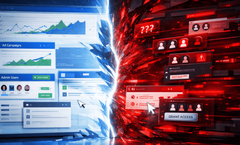 Digital interface split between secure blue and hacked red, showing data breaches.