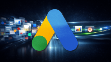 Google Ads logo with shopping and analytics icons on a dark, reflective background.