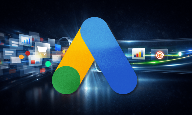 Google Ads logo with shopping and analytics icons on a dark, reflective background.