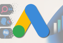 Google Ads logo with search, audience, and bidding icons.