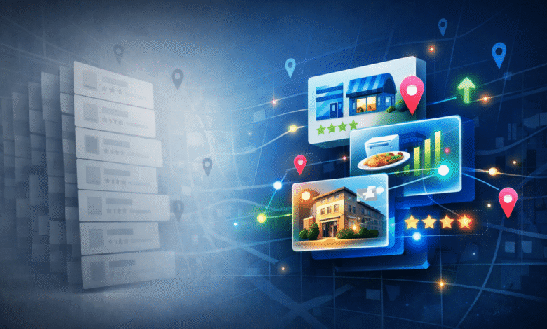 Digital illustration of map interface showing local business recommendations.