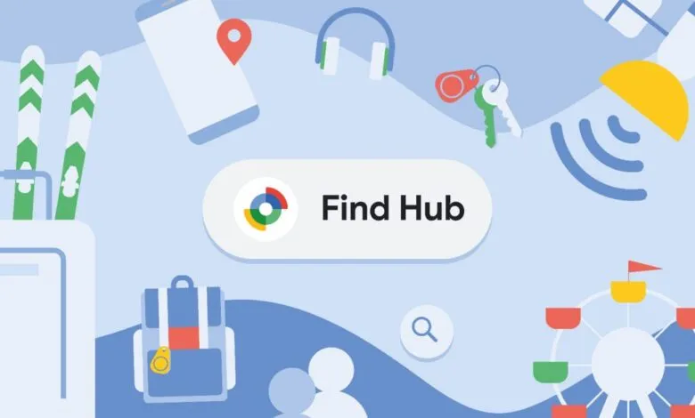 Google Find Hub illustration with travel items like luggage, skis, and a Ferris wheel.
