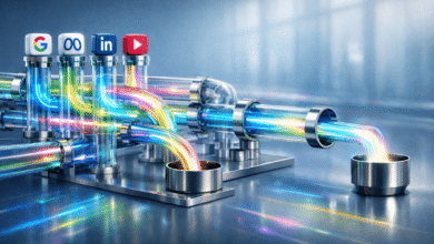 Pipes with Google, Meta, LinkedIn, and YouTube logos conveying data flow.