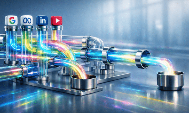 Pipes with Google, Meta, LinkedIn, and YouTube logos conveying data flow.