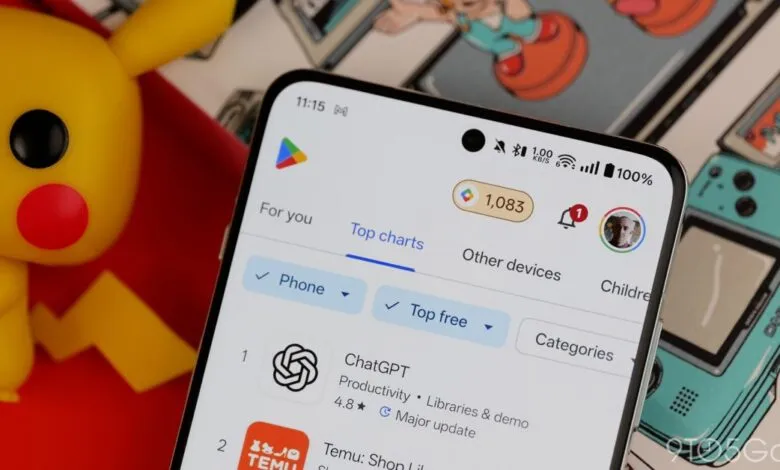 Google Play Store 'Top Charts' screen on a phone, featuring ChatGPT app.