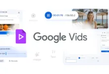 Google Vids interface showing AI video clip generation and editing tools.