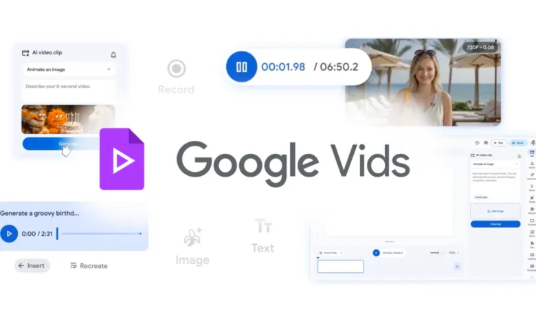Google Vids interface showing AI video clip generation and editing tools.