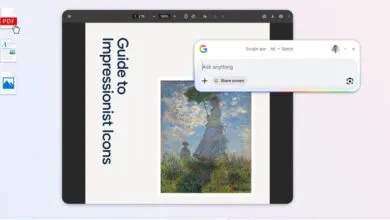 Desktop view of a Google app presentation about Impressionist icons with a chat window open.