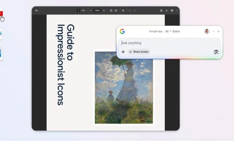 Desktop view of a Google app presentation about Impressionist icons with a chat window open.