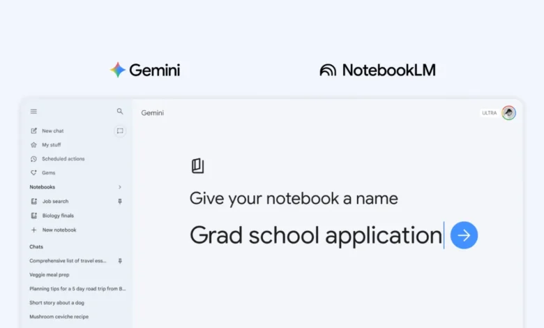 Gemini and NotebookLM interface showing notebook naming screen.
