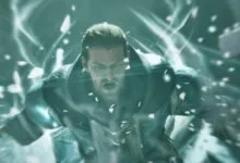 Fierce man in coat surrounded by swirling energy.