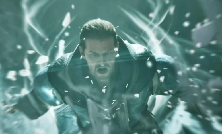 Fierce man in coat surrounded by swirling energy.