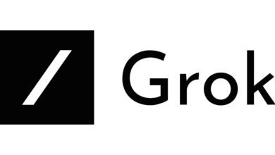 Grok logo: black square with white slash and the word 'Grok' in black.
