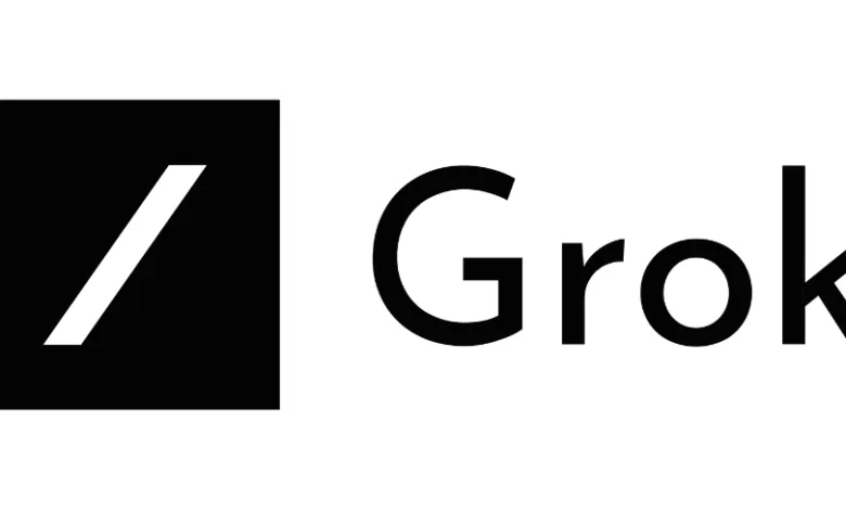 Grok logo: black square with white slash and the word 'Grok' in black.