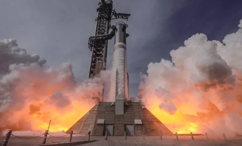Rocket launching with intense flames and smoke against a cloudy sky.