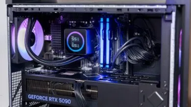 Inside a gaming PC with RTX 5090, liquid cooling, and RGB lighting.