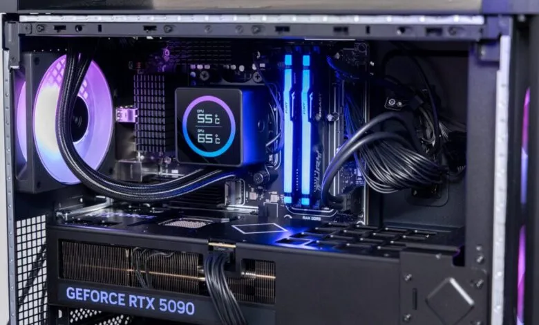 Inside a gaming PC with RTX 5090, liquid cooling, and RGB lighting.