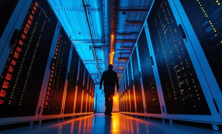 Person walks down a server room aisle, surrounded by glowing servers.