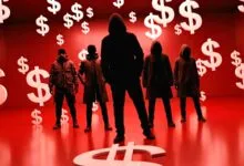 Five figures in shadows stand among floating dollar signs in a red room.