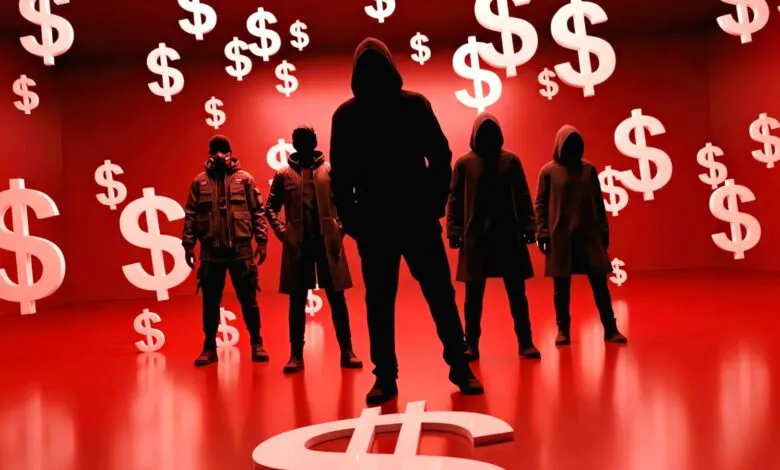 Five figures in shadows stand among floating dollar signs in a red room.