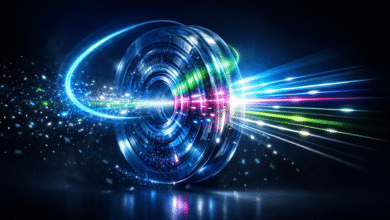 Abstract glowing blue and white circular design with light trails.