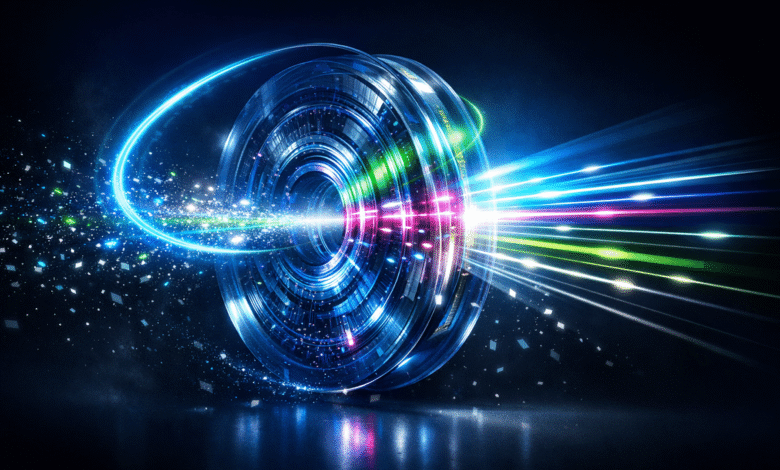 Abstract glowing blue and white circular design with light trails.