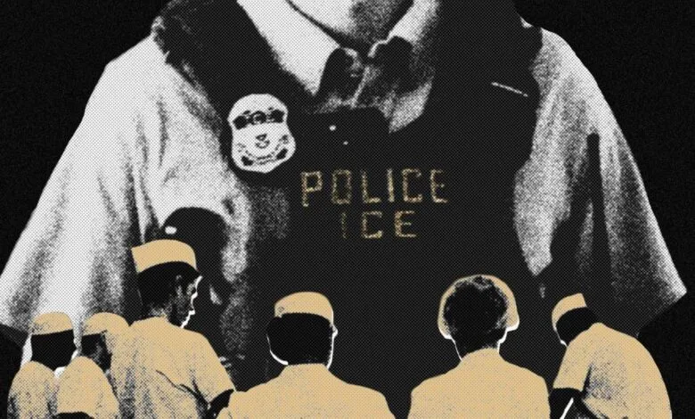 Illustration of cafeteria workers facing an ICE officer's uniform.