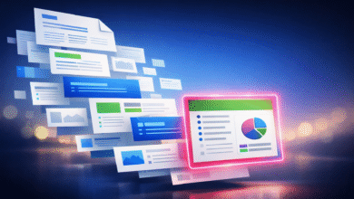 Floating documents and a glowing dashboard with a pie chart.