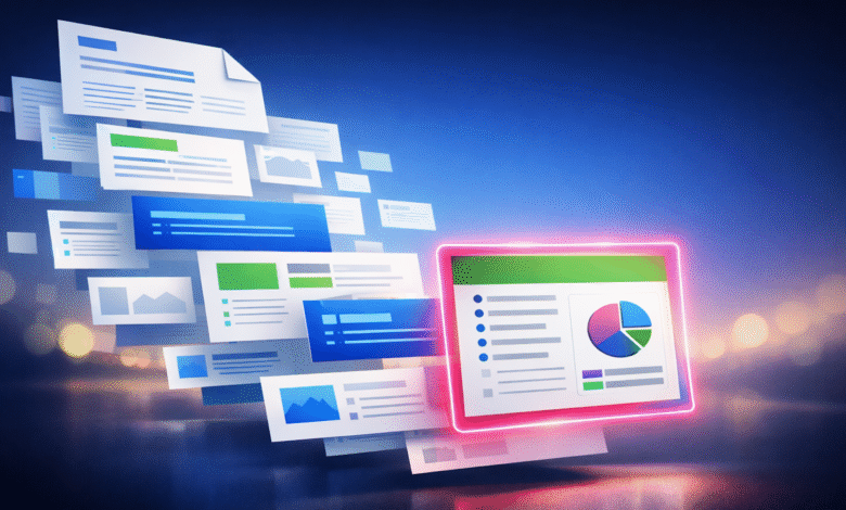 Floating documents and a glowing dashboard with a pie chart.