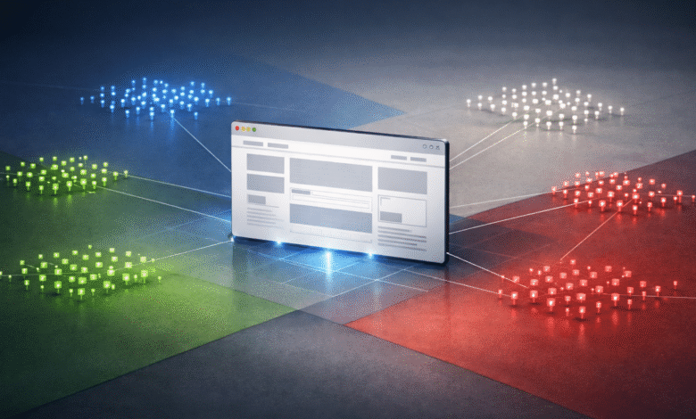 Website interface connected to data points in blue, green, white, and red.