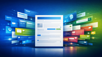 Content marketing concept with document surrounded by social media icons.