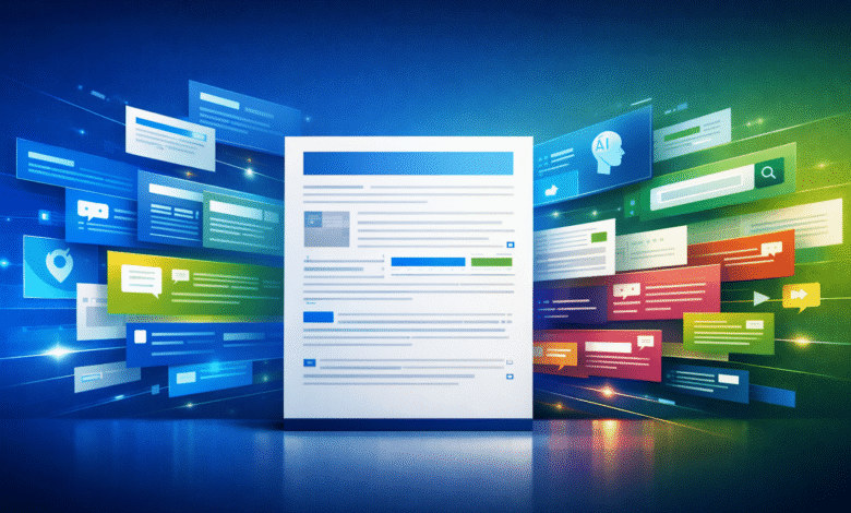 Content marketing concept with document surrounded by social media icons.