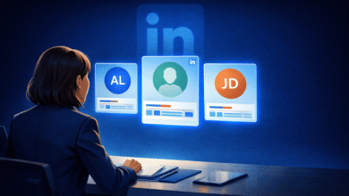 Woman reviews LinkedIn profiles on a screen, enhancing recruitment.