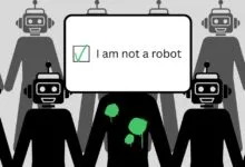"I am not a robot" test with robots holding hands, one with green paint.
