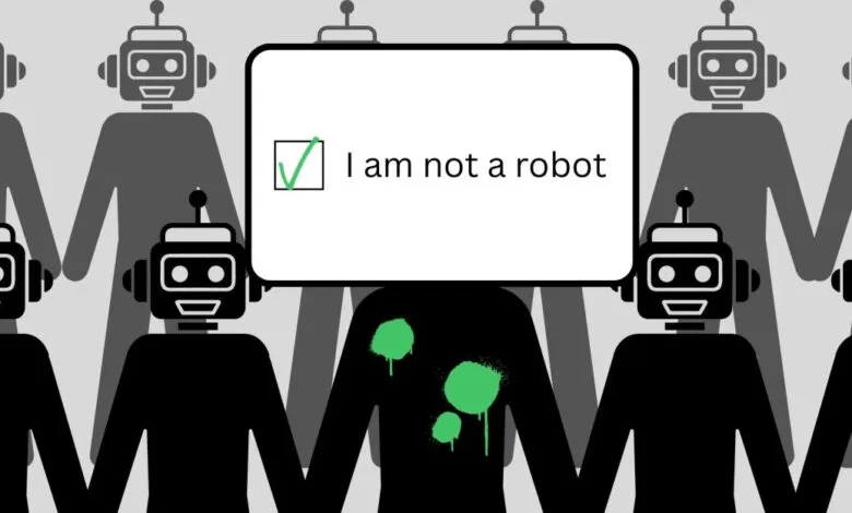 "I am not a robot" test with robots holding hands, one with green paint.