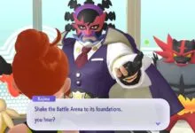 Kajima, masked character, with Incineroar in Pokemon Masters EX.