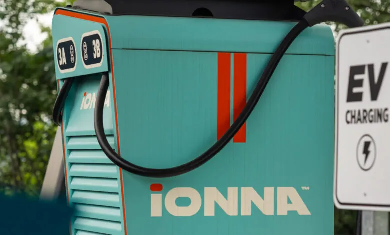 IONNA electric vehicle charging station with EV charging sign.