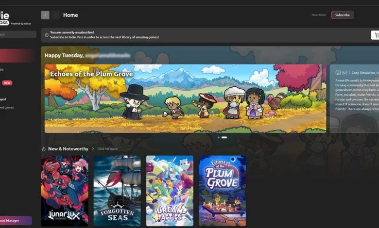 Indie Pass interface showcasing 'Echoes of the Plum Grove' and other games.