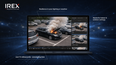 Laptop displaying IREX AI detecting a car fire in a parking lot, highlighting its speed and resilience.