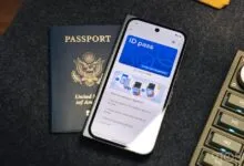 Passport and phone displaying ID pass in Google Wallet app.