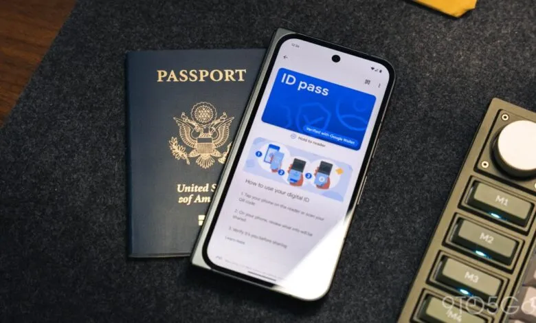 Passport and phone displaying ID pass in Google Wallet app.