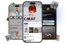 Three smartphones displaying a concert discovery app interface.