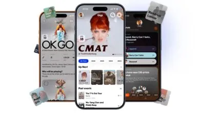 Three smartphones displaying a concert discovery app interface.